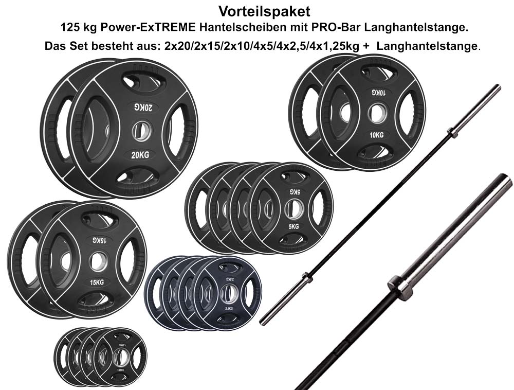 Bild von Vorteilspaket Bundel 125 kg - 50 mm Power-Extrem Polyurethan Hantelscheiben mit Langhantelstange Pro Bar